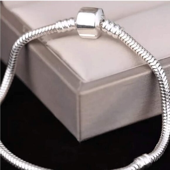 Sterling Silver S925 Snap Clasp Snake Chain European Charm Bracelet about 8" - Picture 5 of 8